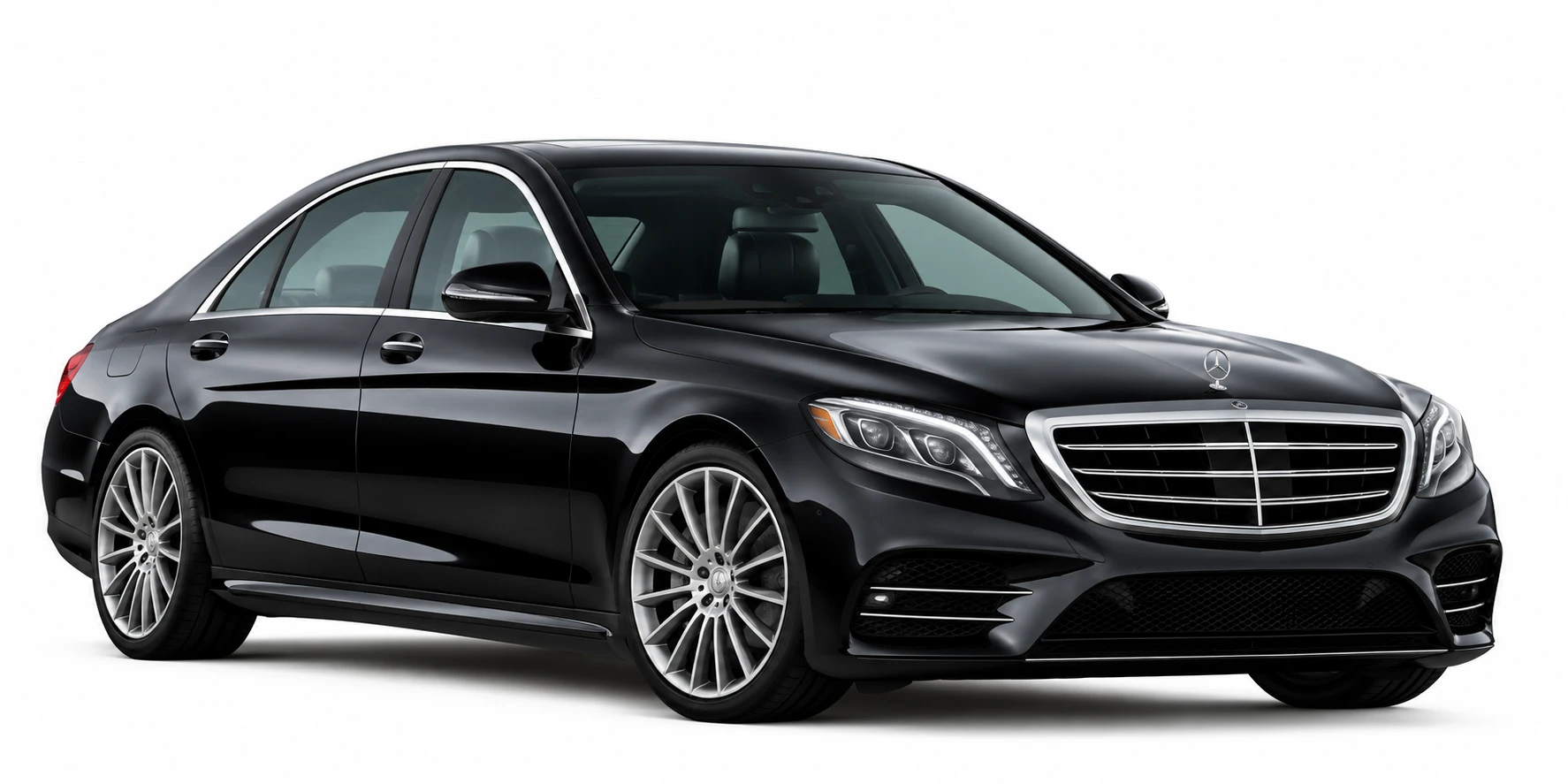 A black Mercedes S-Class saloon, front three-quarter view.