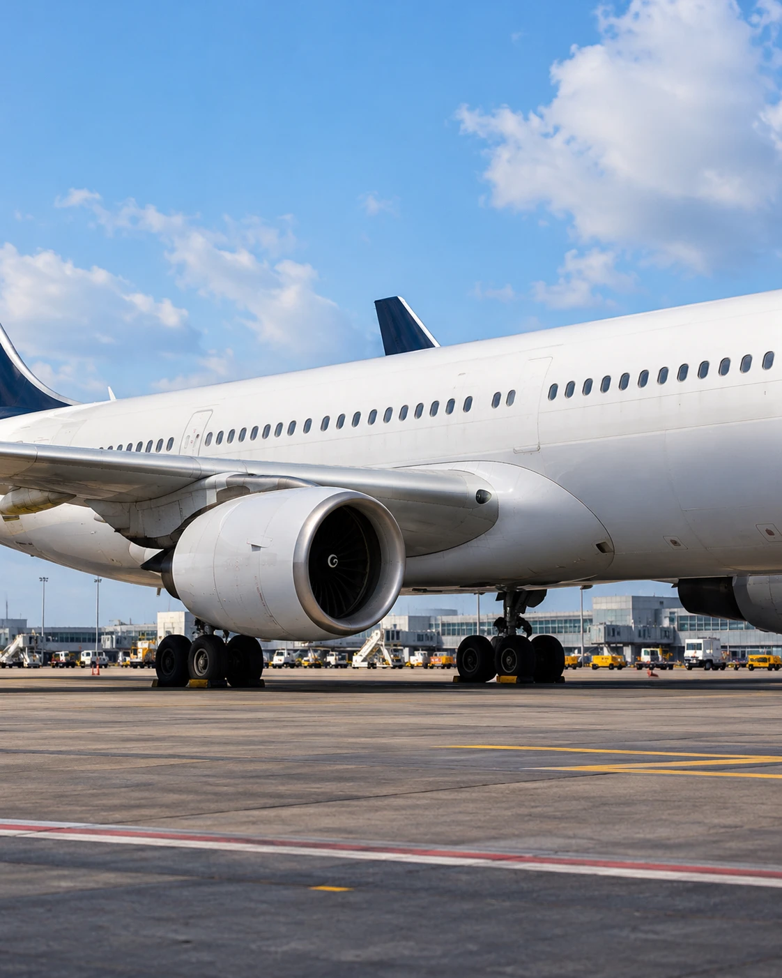 A wide-body airliner parked at an airport stand.