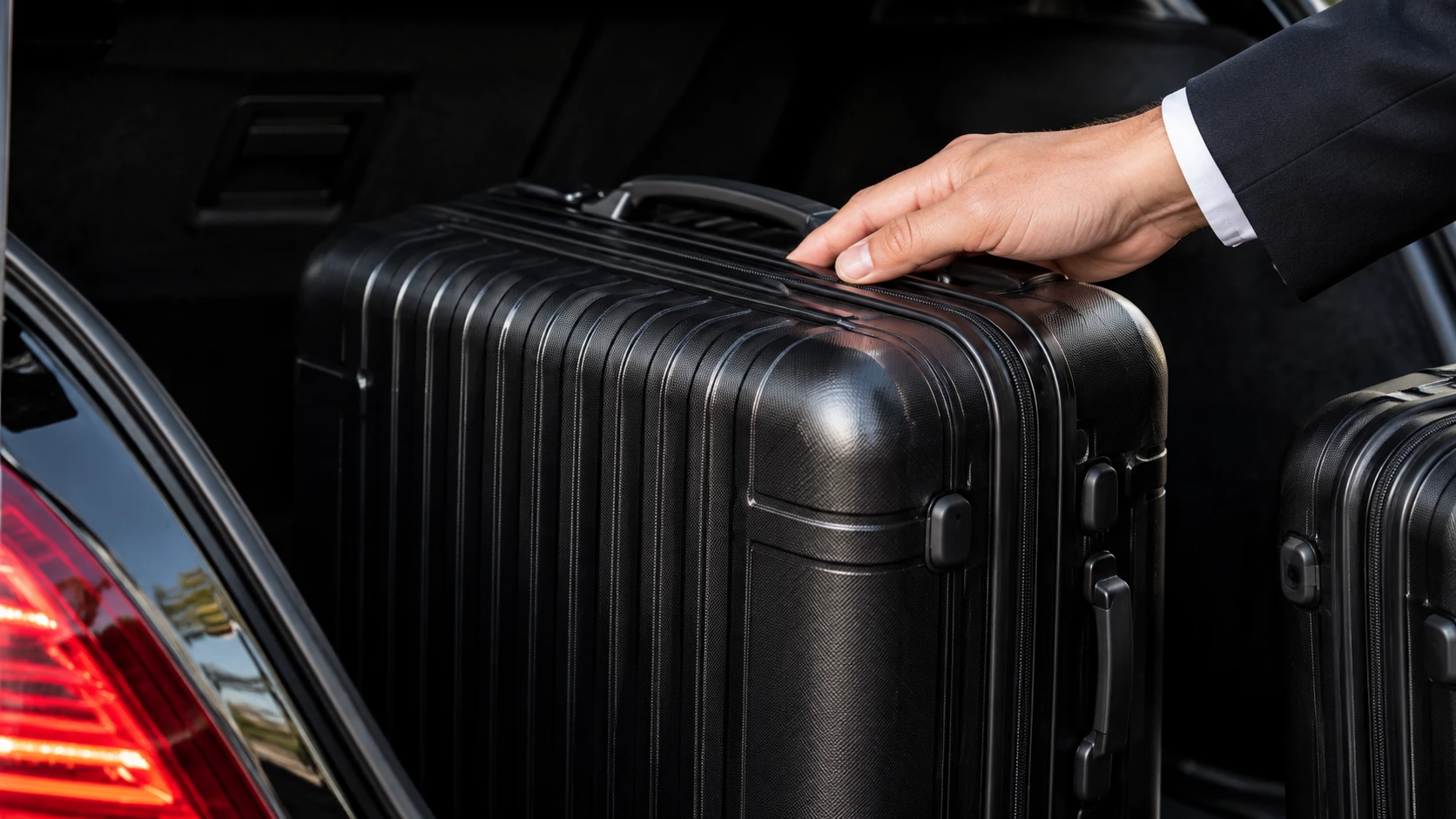 Two hard-shell suitcases loaded in the open boot of a black car.