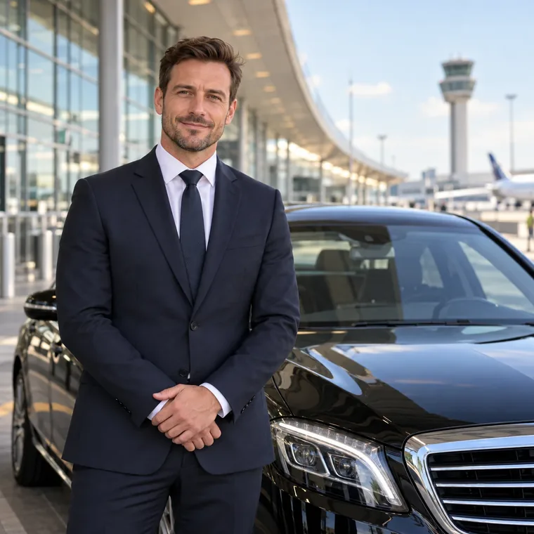 One of our chauffeurs in a dark suit beside a black Mercedes-Benz saloon outside the airport terminal.