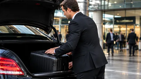 A chauffeur lifting a hard-shell case into the boot of a black saloon.