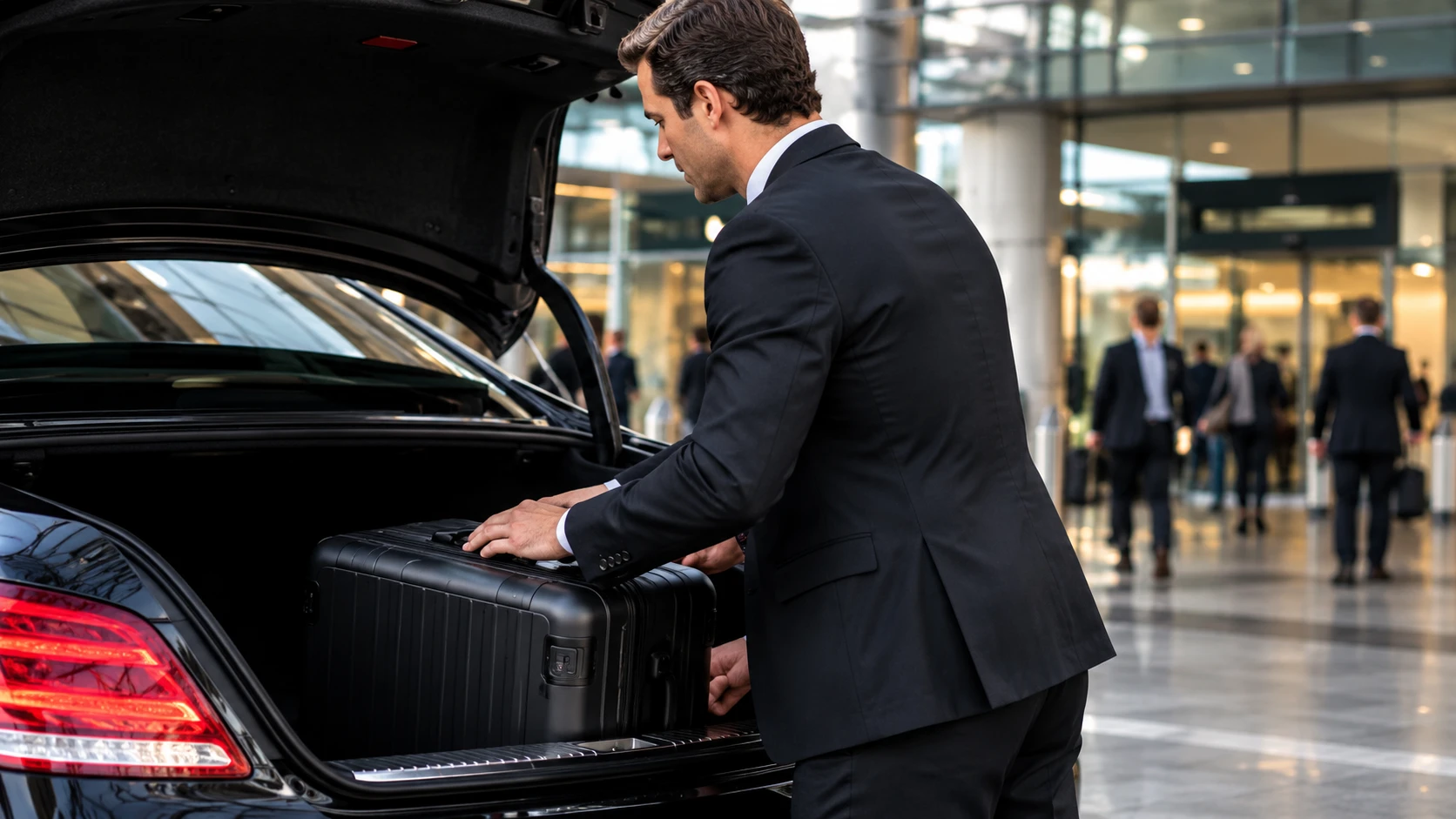 A chauffeur lifting a hard-shell case into the boot of a black saloon.