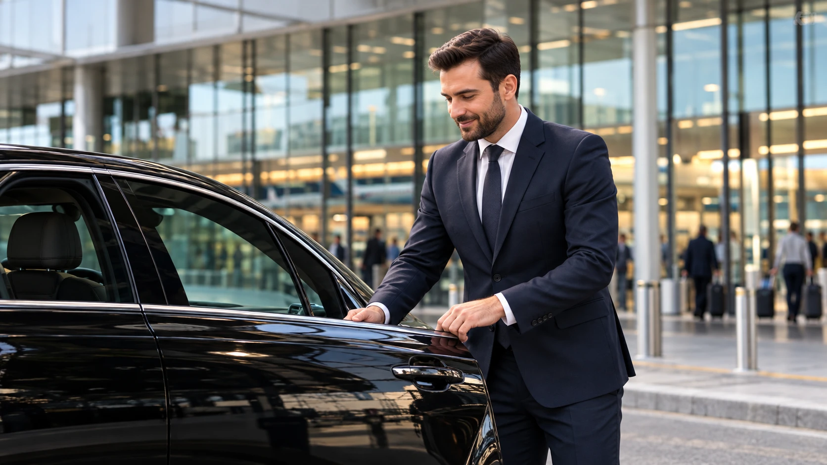 A chauffeur opening the rear door of a black saloon at an airport terminal.