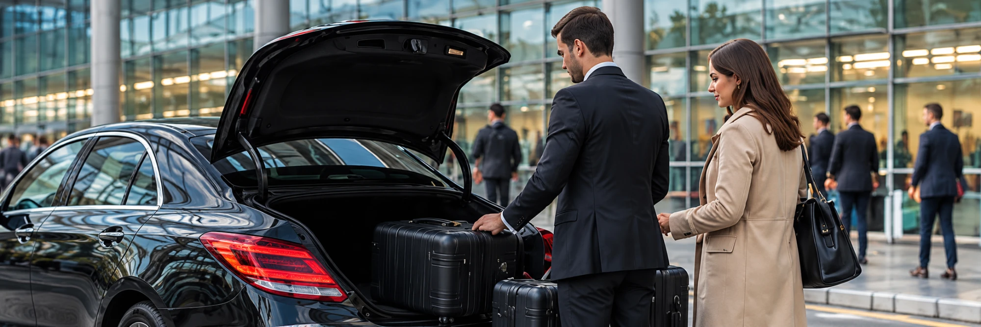 A chauffeur loading suitcases into the boot of a black saloon while a traveller waits beside him at an airport terminal.
