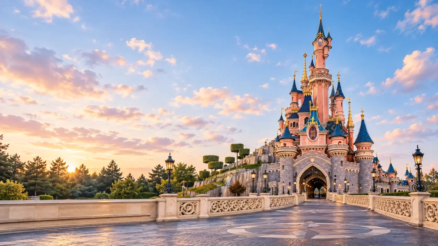 Sleeping Beauty Castle at Disneyland Paris at sunset, seen from the bridge leading to its gate.