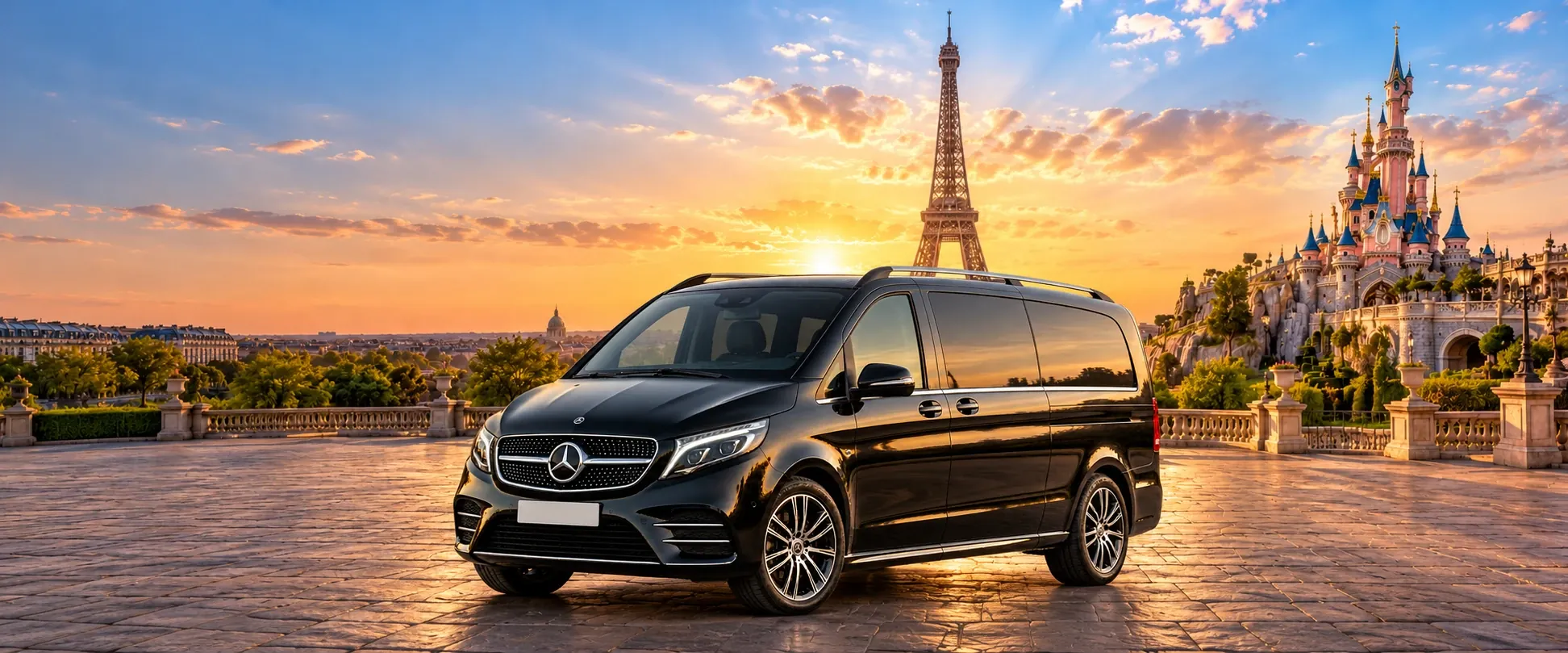 A black Mercedes V-Class on a terrace in Paris at sunset, the Eiffel Tower and the Disneyland Paris castle behind it.