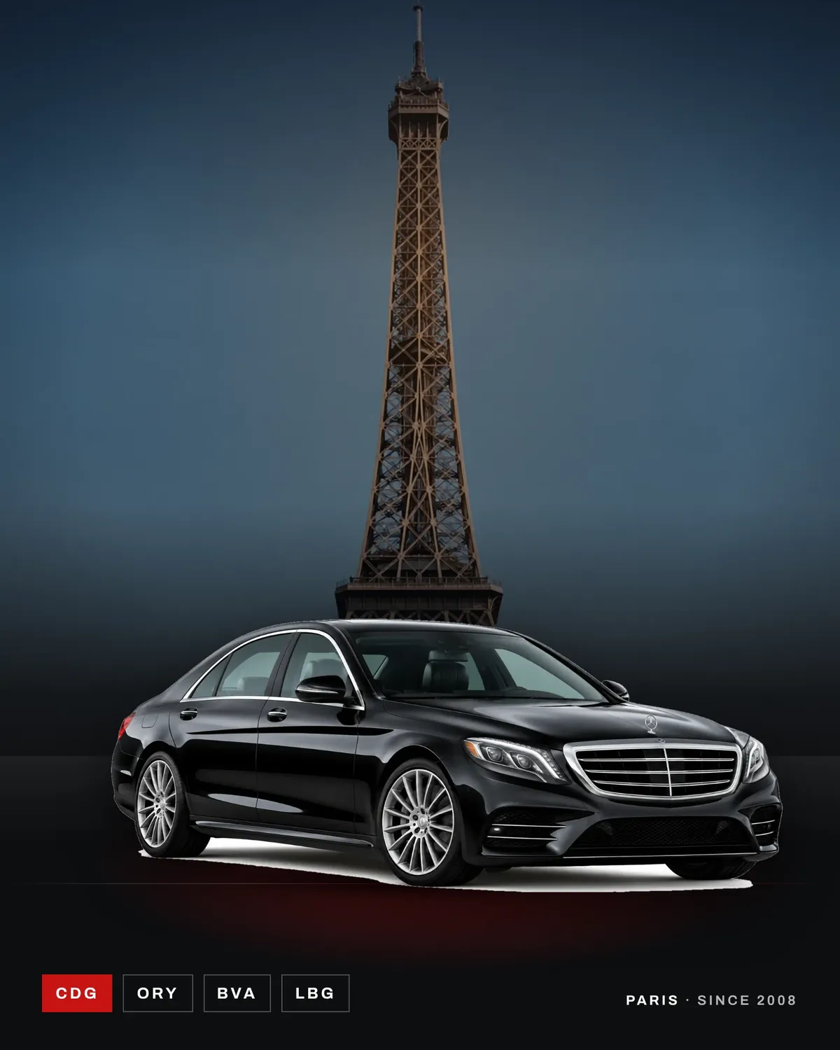 A black Mercedes S-Class in front of the Eiffel Tower at dusk.